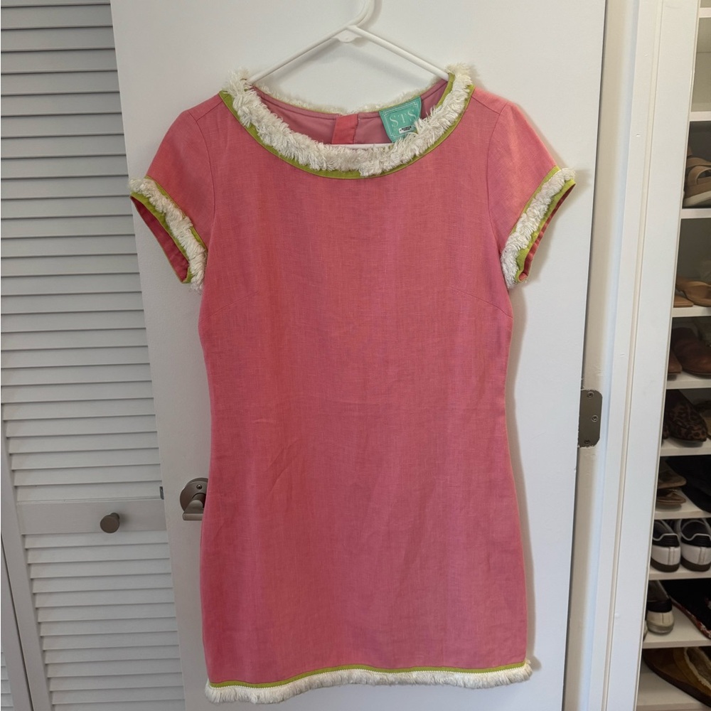 STS Pink Linen Mini Dress with Fringe Trim and Green Accents